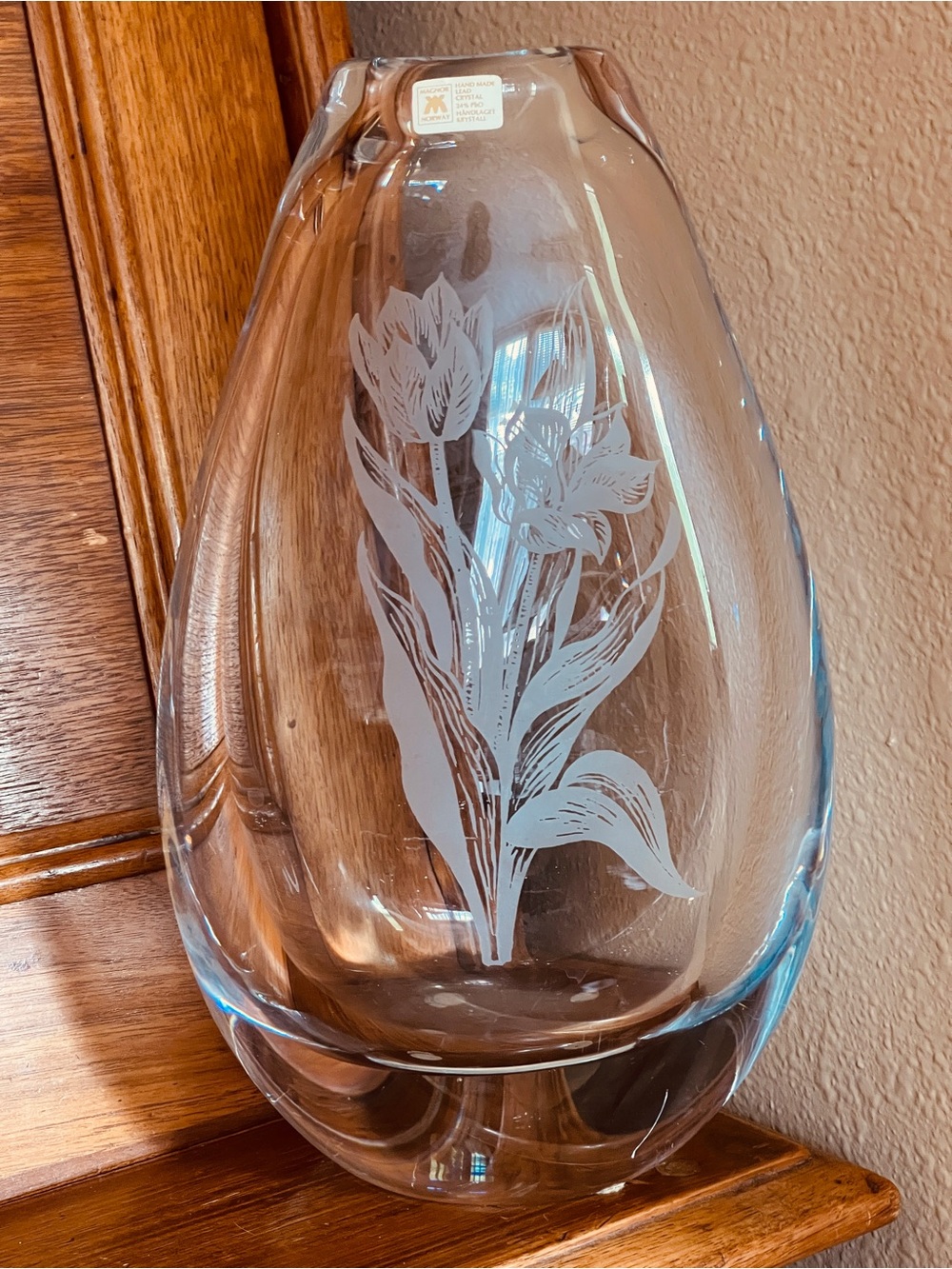 Magnor Glasswork of Norway Lead Crystal Vase with Etched Tulips